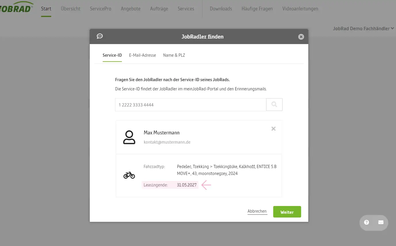 Ein Screenshot des Portals mit Informationen zum Leasingende Ein Screenshot des Portals mit Informationen zum Leasingende